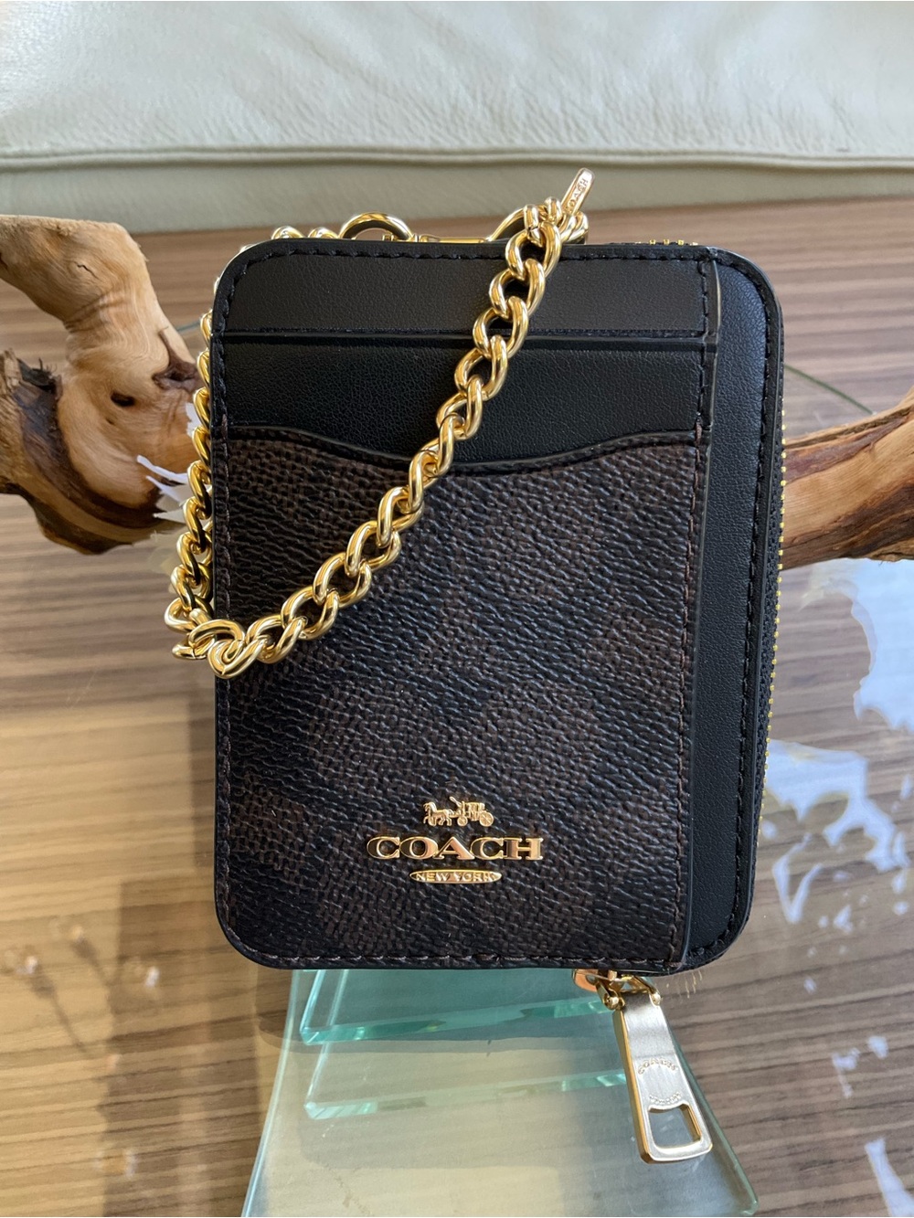 Coach Black and Brown Signature Chain Card Case Wallet